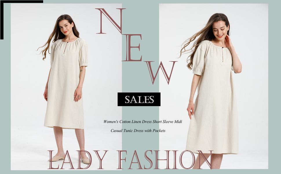 Women's Cotton Linen Dress Short Sleeve Midi Casual Tunic Dress with Pockets