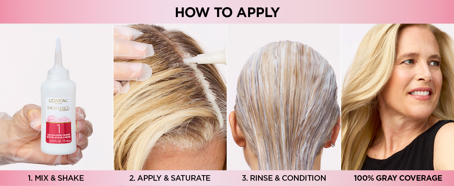 How to Apply: 1. Mix &amp; Shake 2. Apply &amp; Saturate 3. Rinse &amp; Condition - 100% Gray Coverage