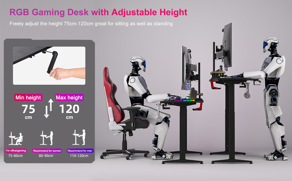 Grande Scrivania Gaming Regolabile Altezza 160x60cm Tavolo Gaming Scrivania PC Gaming Con LED RGB Regolabile In Altezza In Maniglia 11 FATIVO Scrivania Gaming Regolabile Altezza con LED RGB