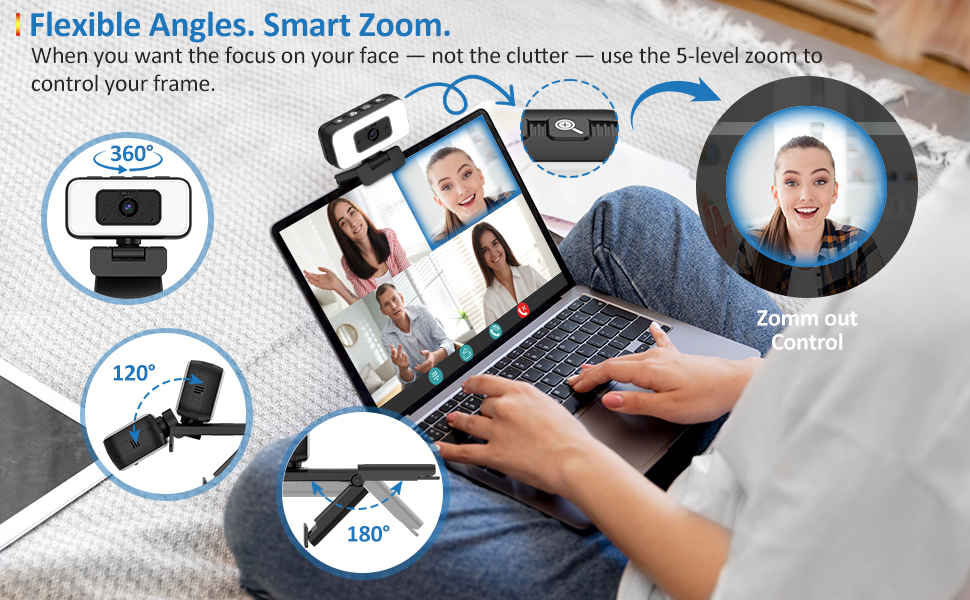 Text reads 'Flexible Angles, Smart Zoom.' Product demonstration showing electronic device being used for video calls or photography from various angles.