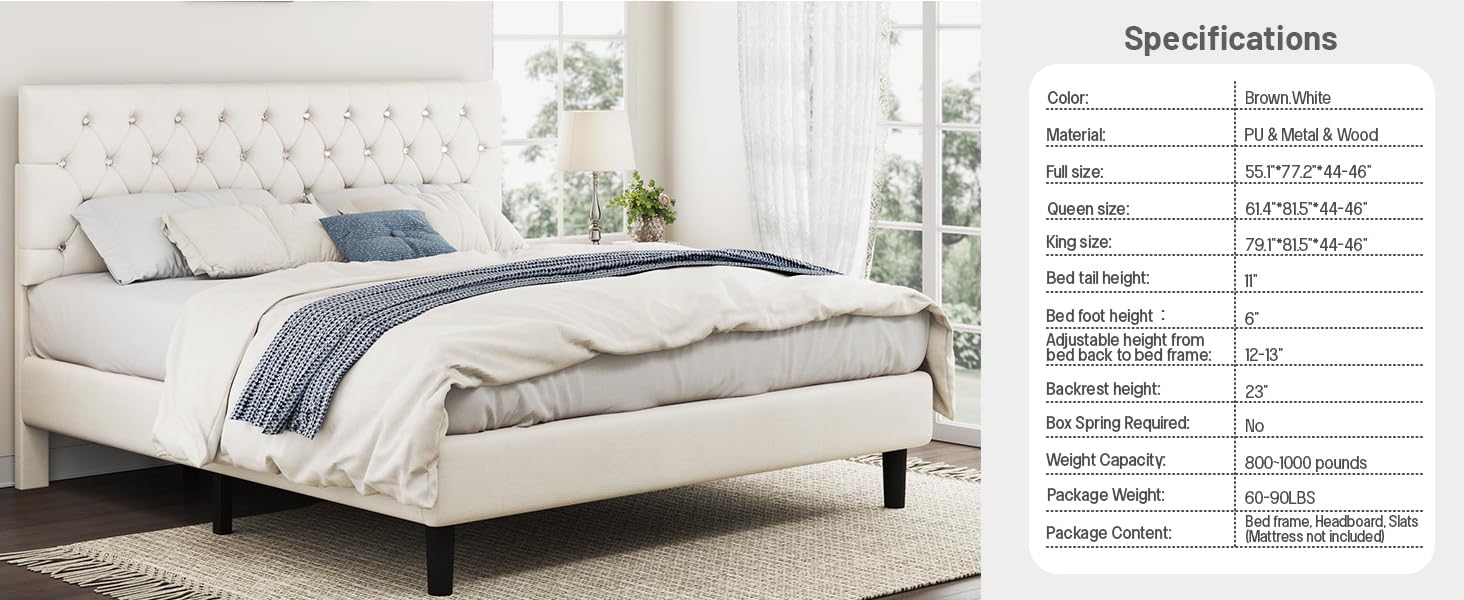 Youmumeub Full Size Bed Frame Minimalist Tufted Headboard