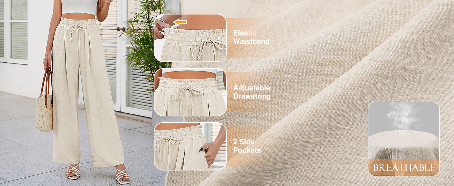 CMTOP Wide Leg Trousers for Women Summer Baggy Trousers Elastic High Waist Casual Loose Pants Ladies Lounge Pant with Pockets 10 CMTOP