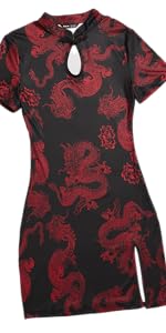 SOLY HUX Women&#39;s Chinese Cheongsam Dragon Print Qipao Mini Bodycon Dress