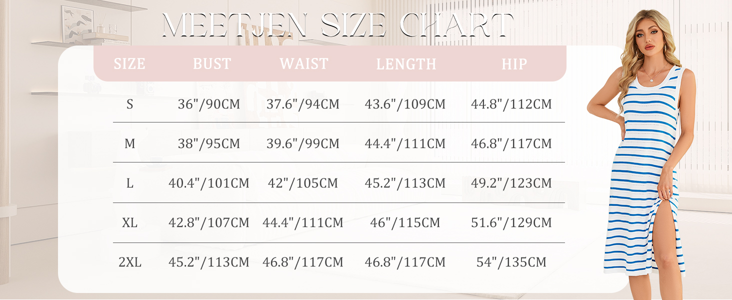 Meetjen Women Casual Sun Vacation Striped Loose Slit Midi Ribbed Knit Crew Neck Spring Tank Dresses