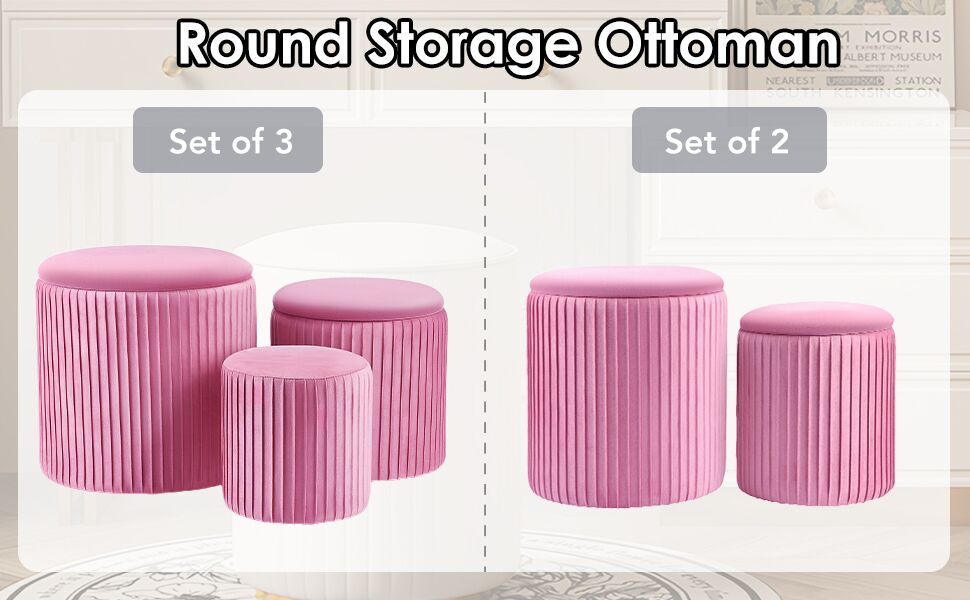 Ottoman with Storage .Velvet Round Storage Ottoman Set of 2. Multifunctional Upholstered