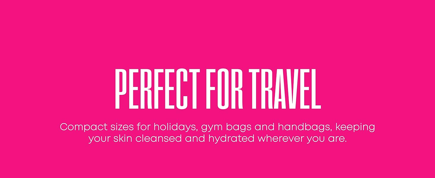 Text reads 'PERFECT FOR TRAVEL' on bright pink background. Marketing or promotional banner design with emphasis on travel functionality.