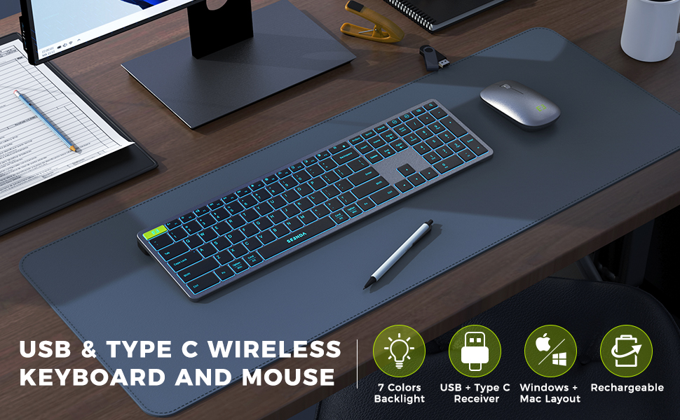 seenda Wireless Backlit Keyboard and Mouse, USB/Type C