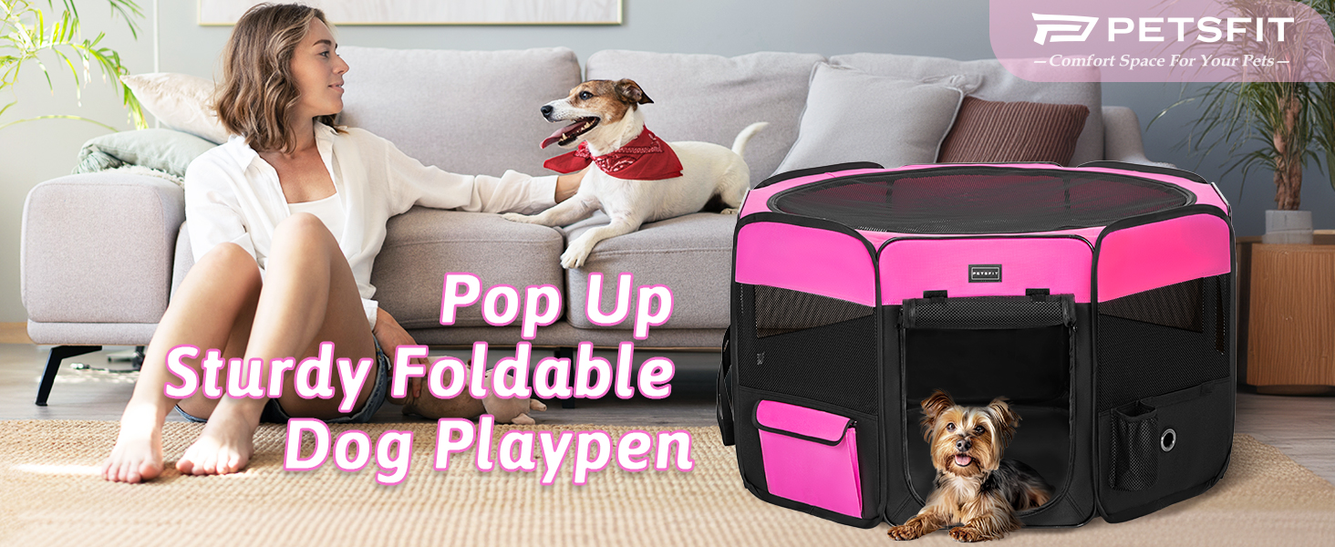 PETSFIT Dog Playpen Sturdy Pop Up Dog Kennel Foldable Dog Pen Indoor Outdoor