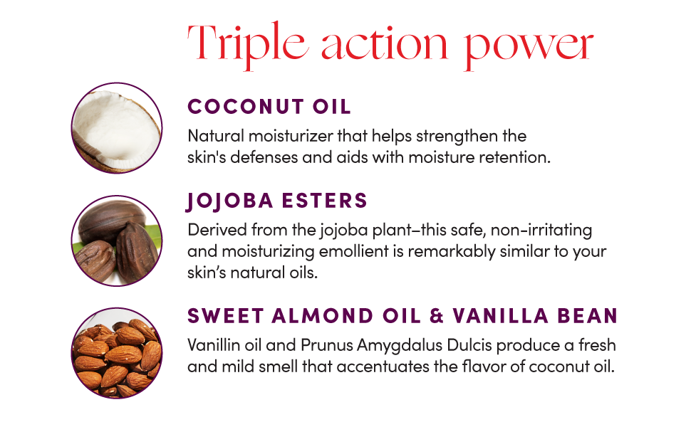 Coconut oil, Jojoba esters, Sweet almond oil & Vanilla bean