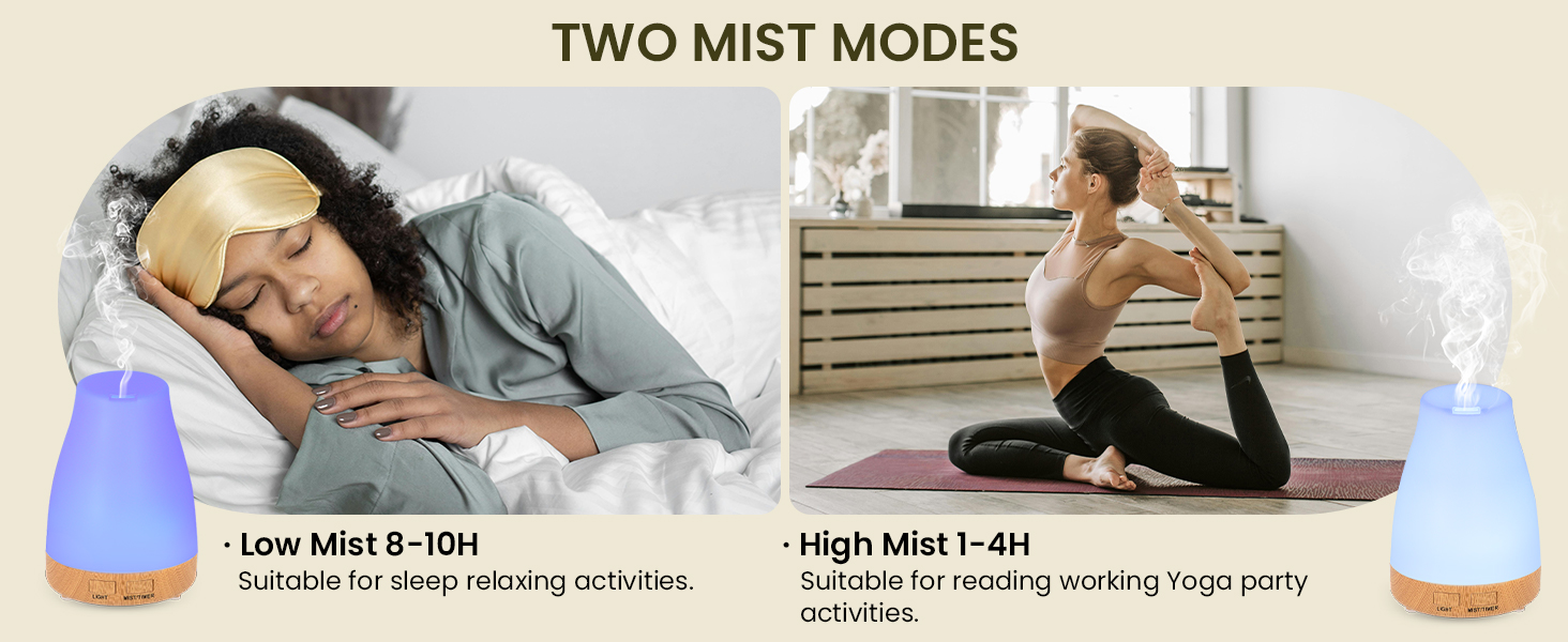 Text reads 'TWO MIST MODES'. Split image showing two people resting with blue humidifier devices nearby, demonstrating different mist settings.