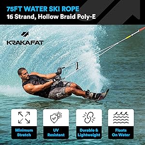 75ft Water Ski Rope. 16 Strand, Hollow Braid Poly-E