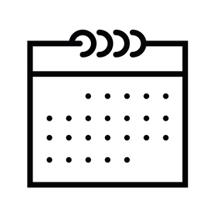 Dessin au trait noir simple d'une icône de calendrier. Forme carrée avec sommet incurvé, points représentant les dates et lignes pour les jours de la semaine.