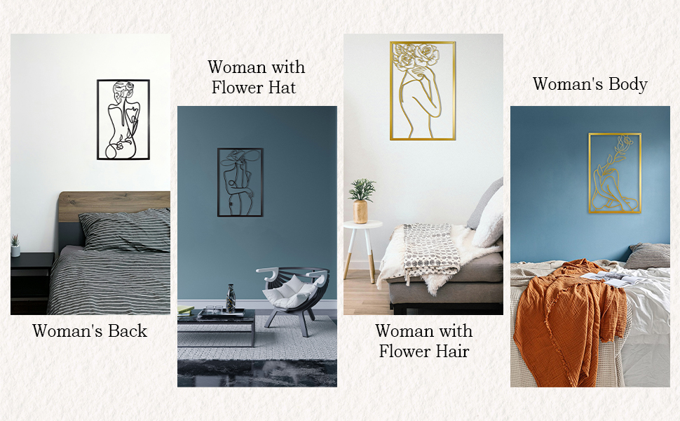 CXRYLZ 4PCS Mental Wall Art Decor, Framed Modern Wall Decor, Aesthetic Wall Decorations, Abstract Flower Line Drawing Artworks, Minimalist Wall Art for Women, Bedroom, Living Room, Bathroom (Black) 16 framed abstract metal woman wall art