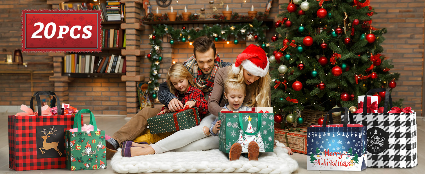 Holiday scene with decorated Christmas tree, wrapped presents in plaid patterns, and '20pcs' text overlay in top corner.
