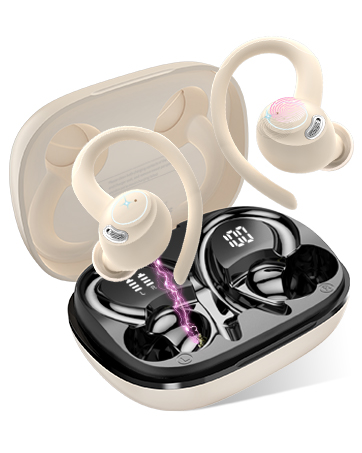 Auricolari wireless con ganci per le orecchie in colore crema, visualizzati con custodia di ricarica. Auricolari neri aggiuntivi visibili nella custodia aperta