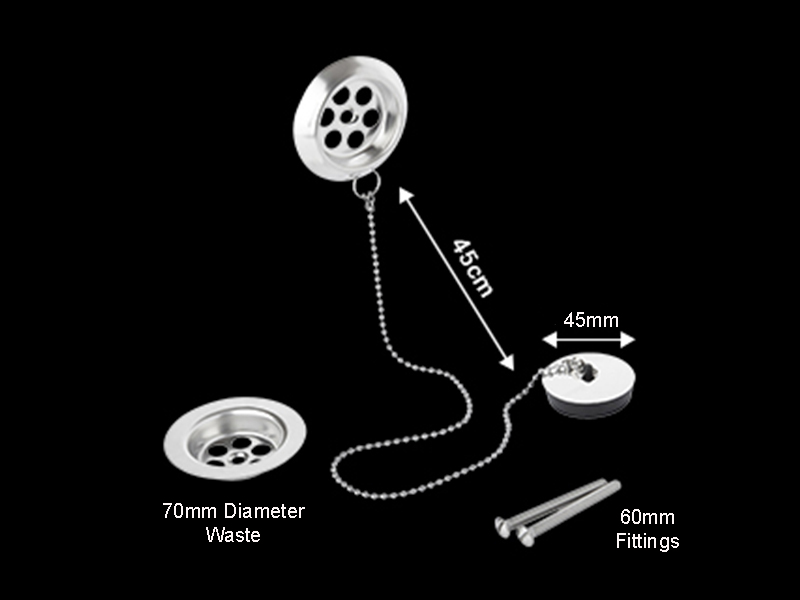 2 Stainless Steel Retainer Bath Plugs Waste and Overflow 45cm Ball