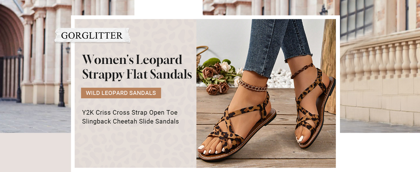 Leopard Strappy Flat Sandals Y2K Criss Cross Strap Open Toe Slingback Cheetah Slide Sandals