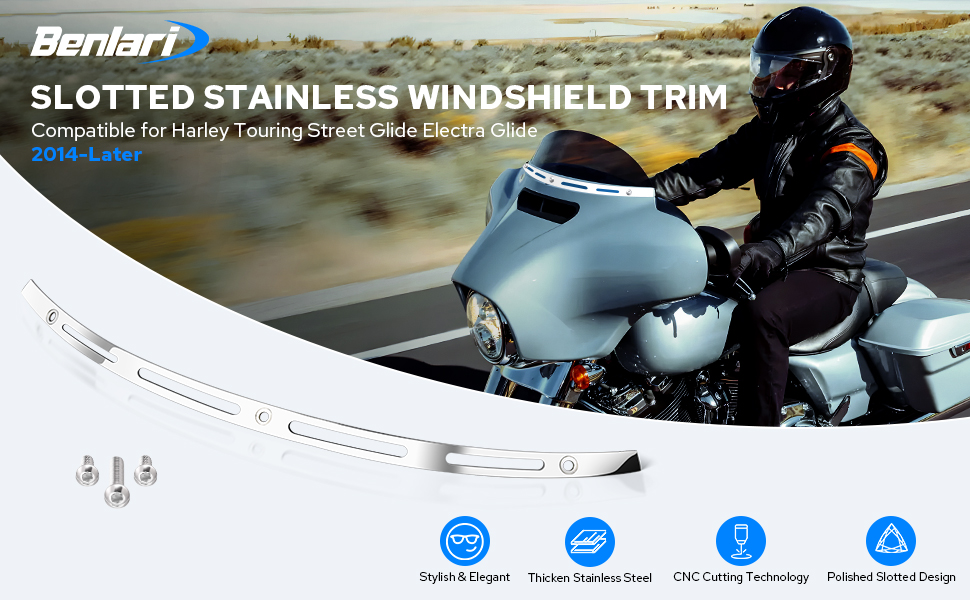 Benlari Upgraded Motorcycle Windshield Trim, Polished