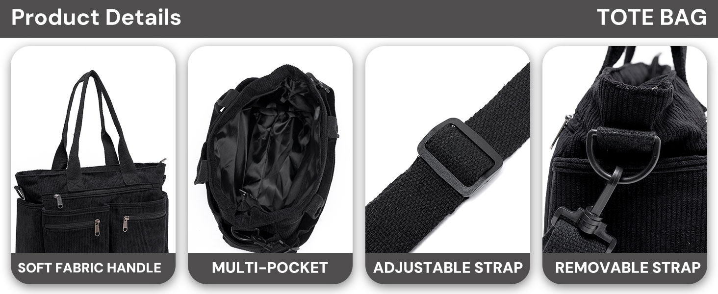 Black tote bag with soft handle, spacious interior, adjustable strap, and removable clip