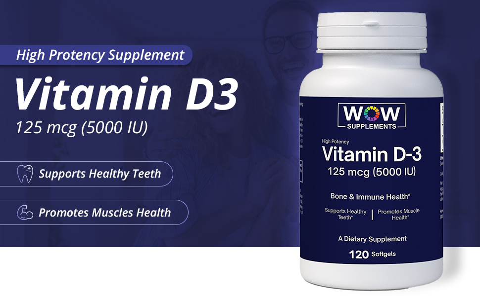 Vitamina D3 5000 UI Cápsulas blandas 125 mcg Suplemento Huesos Fuertes Apoyo Inmunológico Sin OMG Sin Gluten