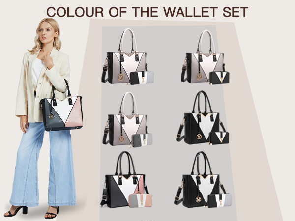 Text reads 'COLOUR OF THE WALLET SET'. Collection of black and white handbags displayed in multiple views with models showing scale and styling options.