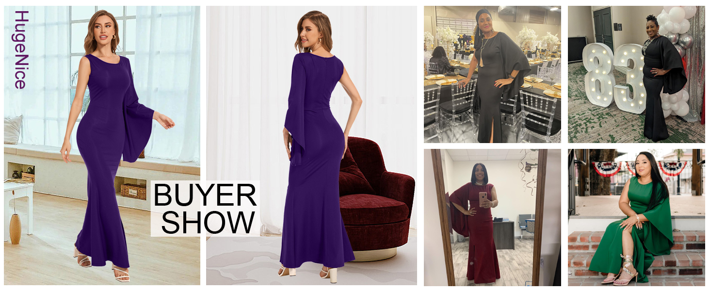 Women's Elegant One Bell Sleeve Side Split Bodycon Long Formal Evening Dress