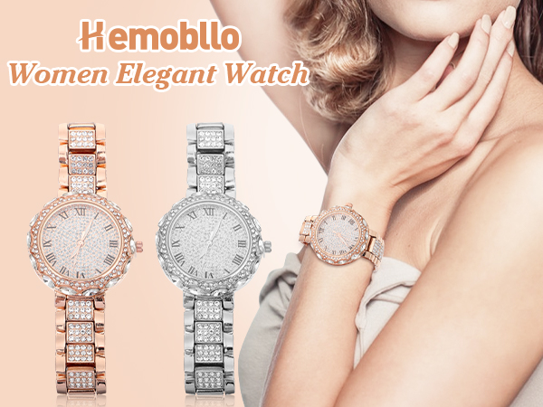 Text reads 'Hemobllo, Women Elegant Watch'. Product image showing two crystal-embellished watches in rose gold and silver tones with decorative bezels.