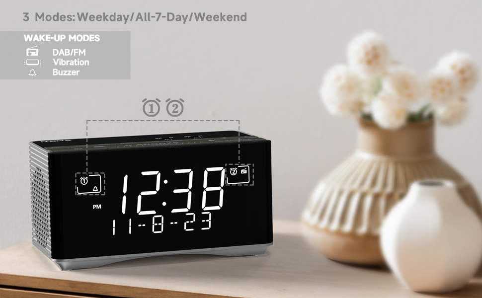 FM & DAB Radio Alarm Clock with USB Charging Port, Bluetooth Stereo