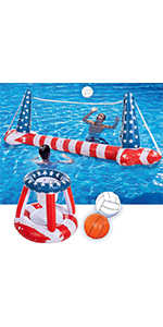 Inflatable Pool Floats Set American Flag Volleyball Net &amp; Basketball Hoops