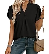 EVALESS Women's Dressy Casual Business Work Chiffon Blouses Tops Summer V Neck Cute Loose Petal S...