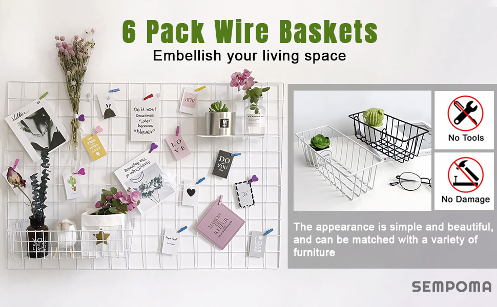 6 Pack White Wall Grid Panel Hanging Wire Basket, Wall