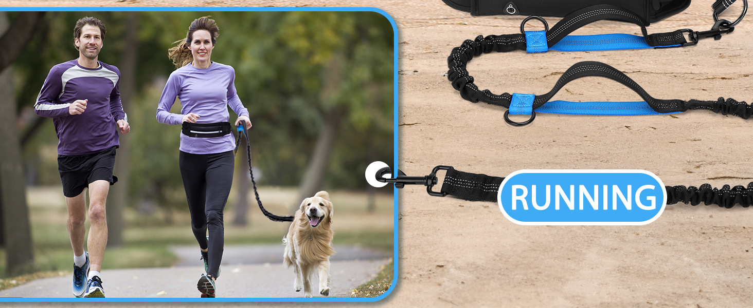 Imagen dividida: La izquierda muestra a dos personas corriendo con un perro. La derecha muestra una correa azul para perros con las manos libres con