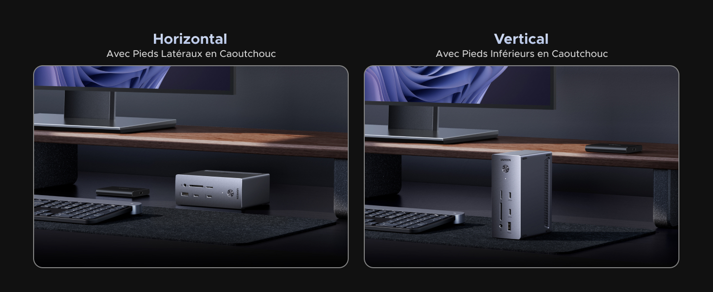 Le texte se lit comme suit : « Horizontal » et « Vertical ». Images de comparaison montrant les options de montage d'un luminaire LED élégant et moderne à l'état sombre et éclairé.