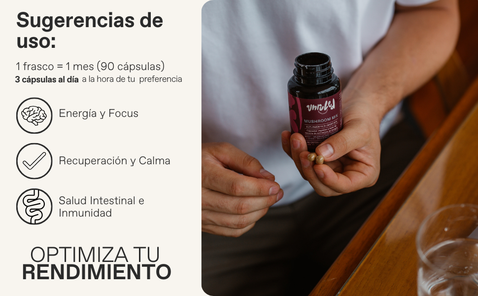 Mushroom Mix sugerencias de uso 1 frasco al mes 90 caps