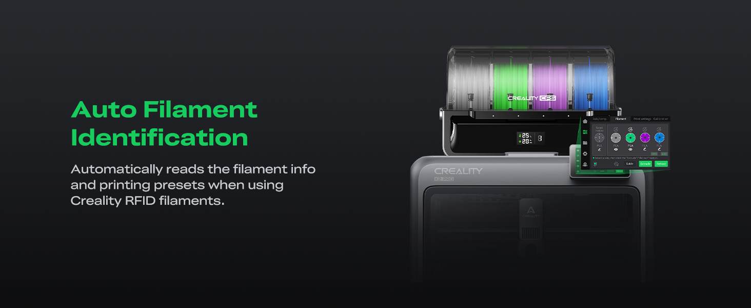 Text reads 'Auto Filament Identification'. Dark product image showing digital display with colored gradient bar and technical interface elements.