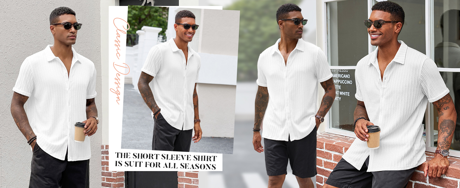 Runcati Men&#39;s Casual Button Down Shirts Short Sleeve Textured Shirt Summer Beach Tops