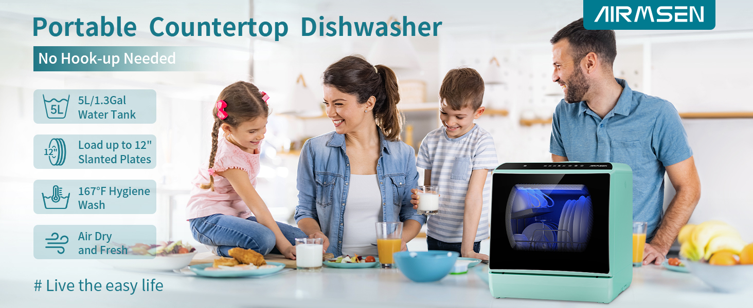 AGLUCKY Countertop Dishwasher with 1.9Gal Tank and 6 Programs
