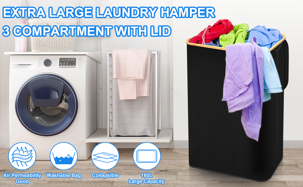 160L Extra Large Laundry Hamper with Lid, 3 Compartment