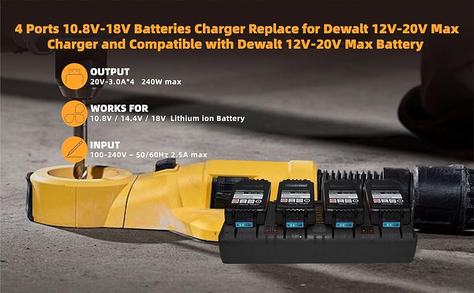 4 ports 10.8V - 18V Batteries Charger Replace for Dewalt 12V-20V Max Charger 