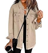Weinexra Denim Jacket for Women Oversized Boyfriend Jean Jacket Button Up Frayed Hem Shacket Dist...