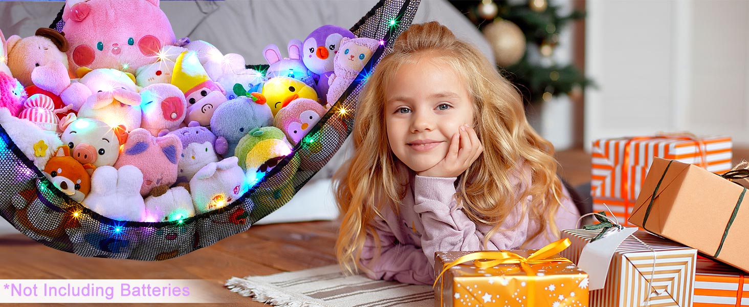 Unicorn Castle Stuffed Animals Net or Hammock Kids Toy Storage Organizer with LED Light Hanging Corner Stuffed Animals Holder Kids Girls Room Decor,Black,XLarge (Pack of 1) 18 toy hammock