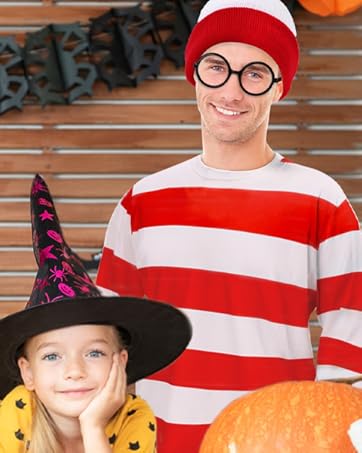Halloween Costume Accessories Adult, Red and White Striped T-Shirt/Hat/Glasses for Men