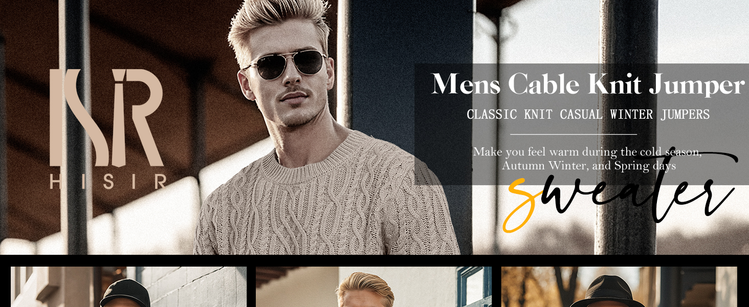 Man wearing beige cable knit sweater. Image showcases the textured pattern and classic style of the men's jumper.