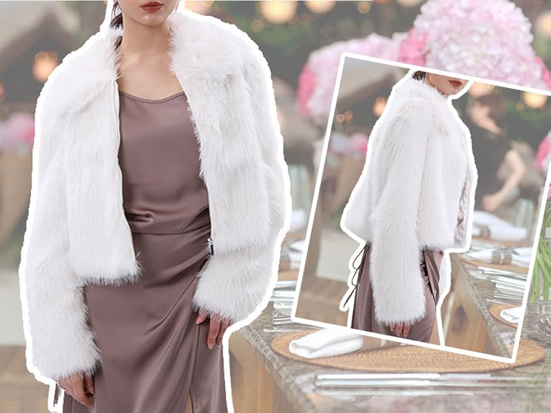 Amazhiyu Womens Faux Fur Zip-Up Cropped Jacket Long Sleeve
