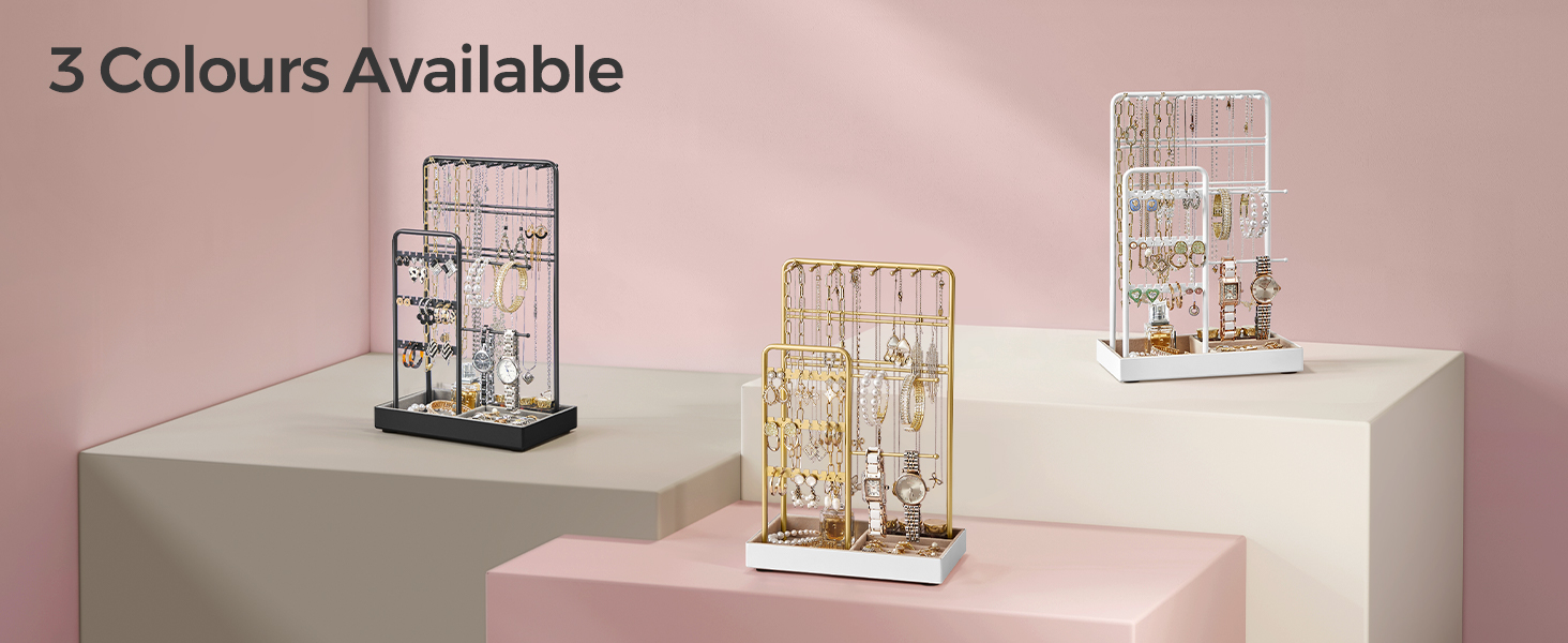 Three jewelry organizers on display stands. Metal wire construction in different colors. Text indicates '3 Colours Available'.