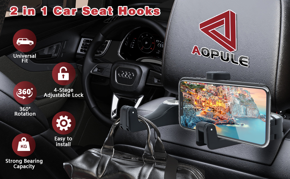 AOPULE Car Headrest Hidden Hook,2 in 1 Car Seat Hooks for Purses and