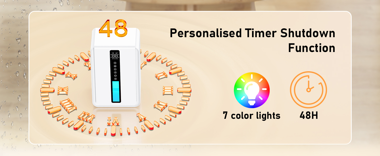 Device display showing '48' with circular timer icons, 'Personalised Timer Shutdown Function' text, and '7 color lights' and '48H' icons.
