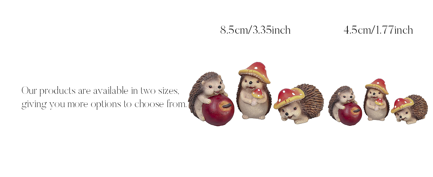 Six decorative hedgehog figurines in varying sizes. Some wear red hats, others hold red objects. Product dimensions listed above: 8.5cm/3.35inch and 4.5cm/1.77inch.