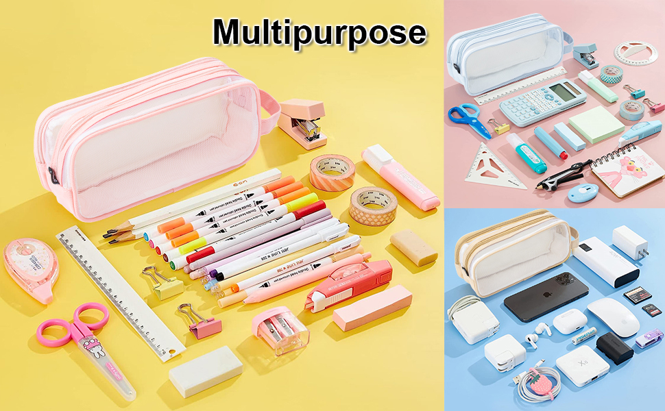 Large Grid Mesh Pencil Case, Clear Pencil Case with 2 Compartments