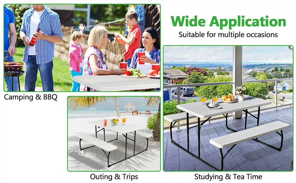 COSTWAY Folding Picnic Table And Bench Set, Portable Camping Trestle Table Chairs With Anti-slip Pads, Outdoor Foldable Dining Table Set Furniture For BBQ, Pub, Garden, Patio And Poolside (White) 17 z